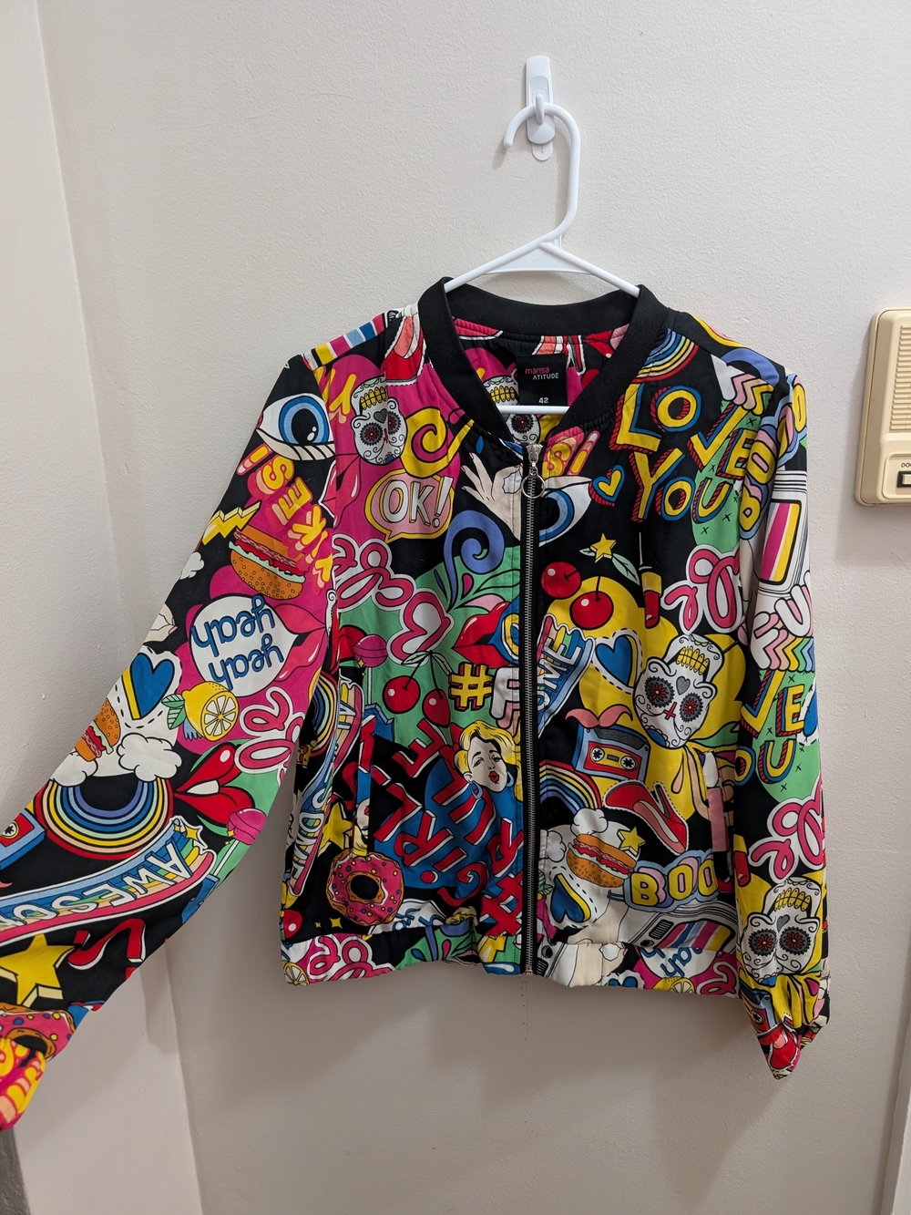 Marisa Attitude Women's Abstract Bomber Jacket in Black & Multicolor Size 42/MED
